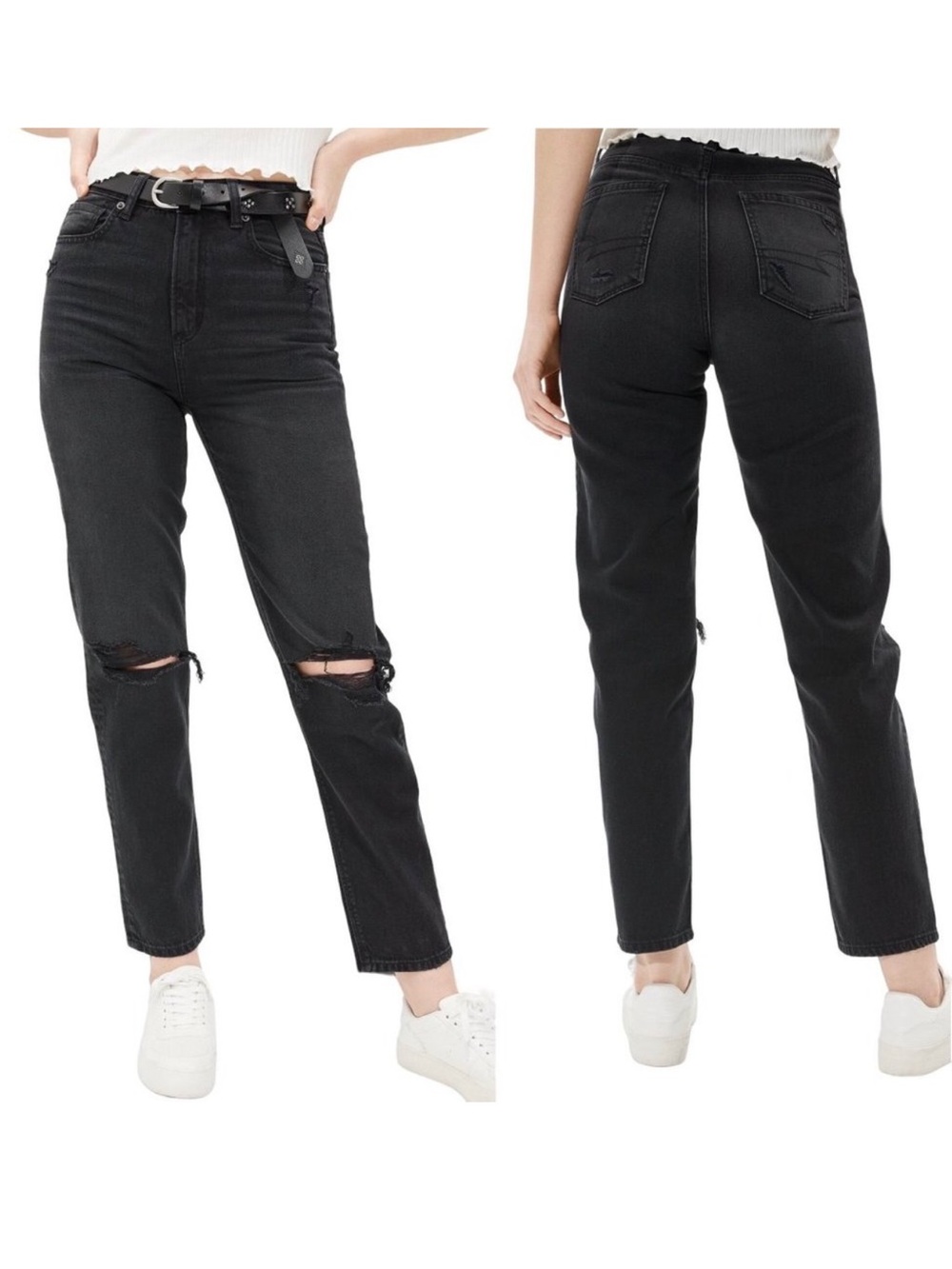 American Eagle High-Rise Black Ripped Mom Jeans Straight Jeans- Classic Look
